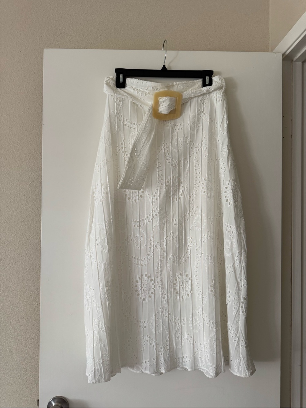 Zara White Eyelet Midi Skirt with Statement Buckle